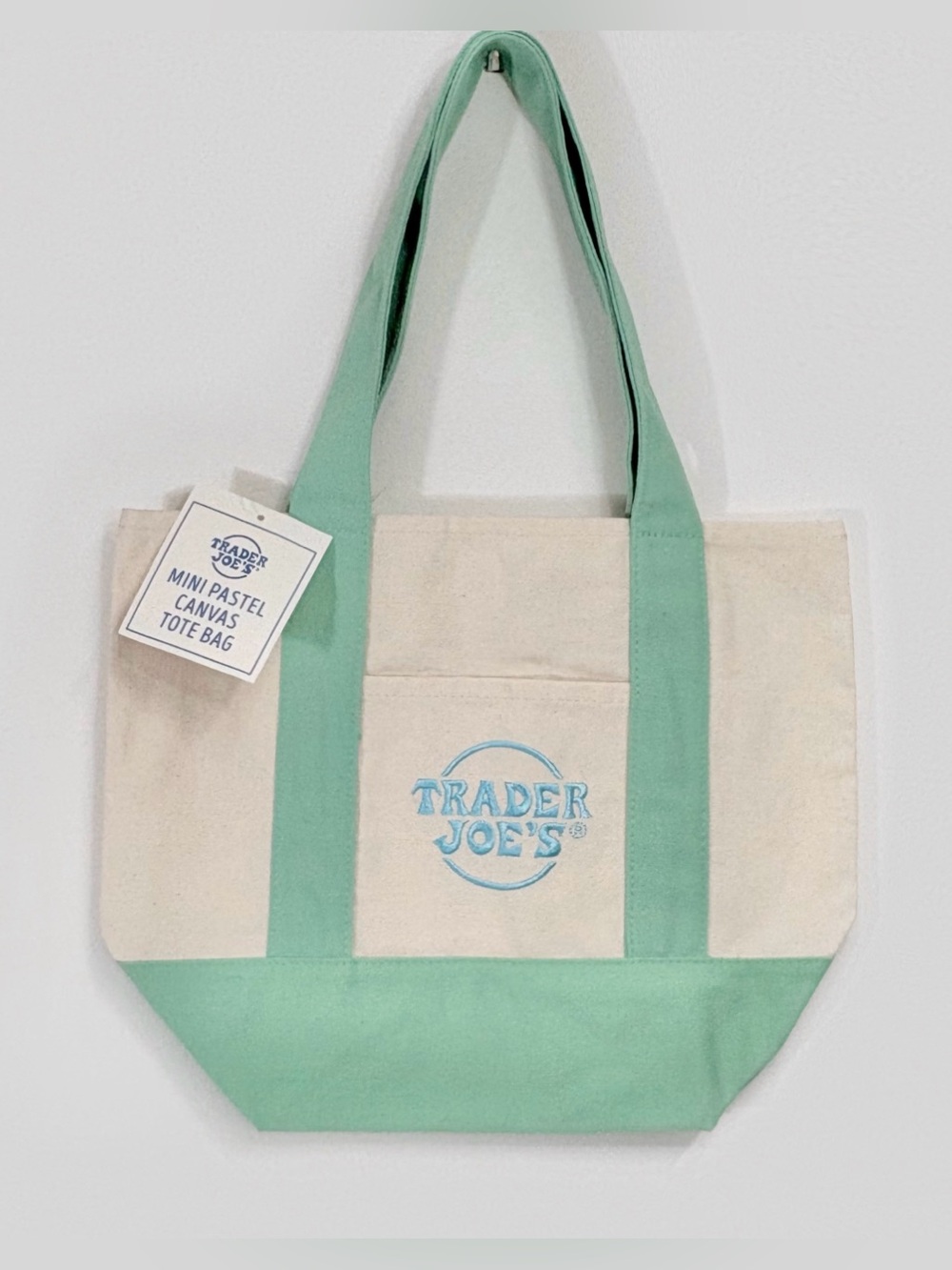 Trader Joes Mini Pastel Mint Green & Blue Canvas Tote Bag